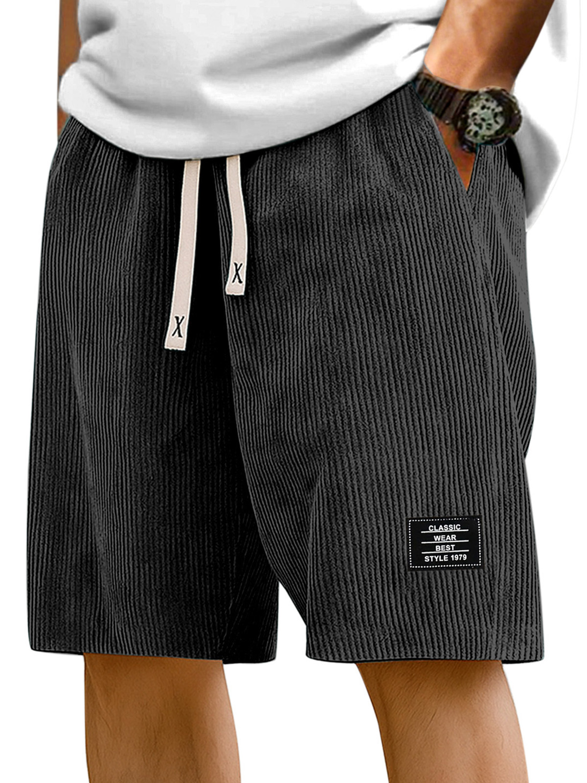 Men's Simple Solid Color Pit Stripe Logo Casual Shorts