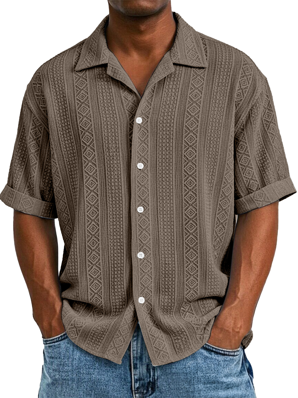 Men's simple casual solid color texture short-sleeved shirt