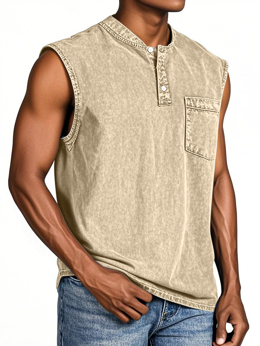 Men's Everyday Retro Solid Color Loose Sleeveless Henley Shirt