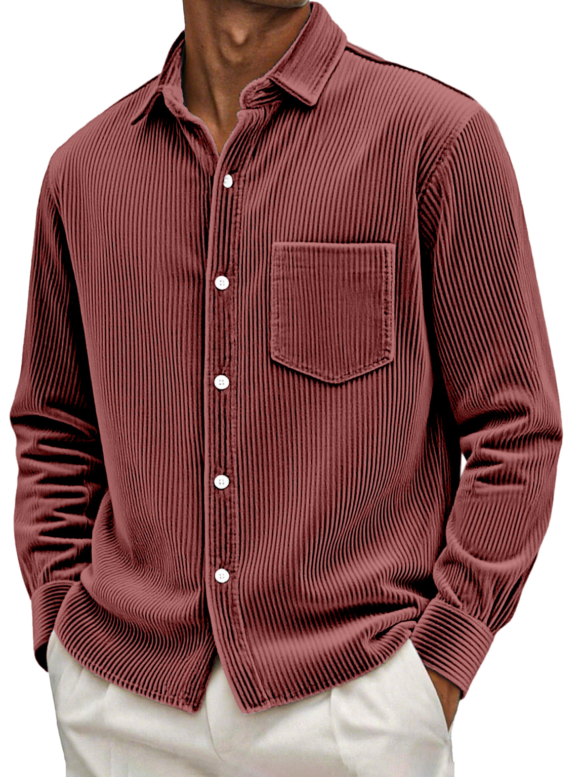Men's Retro Casual Solid Color Corduroy Long Sleeve Shirt With Pockets
