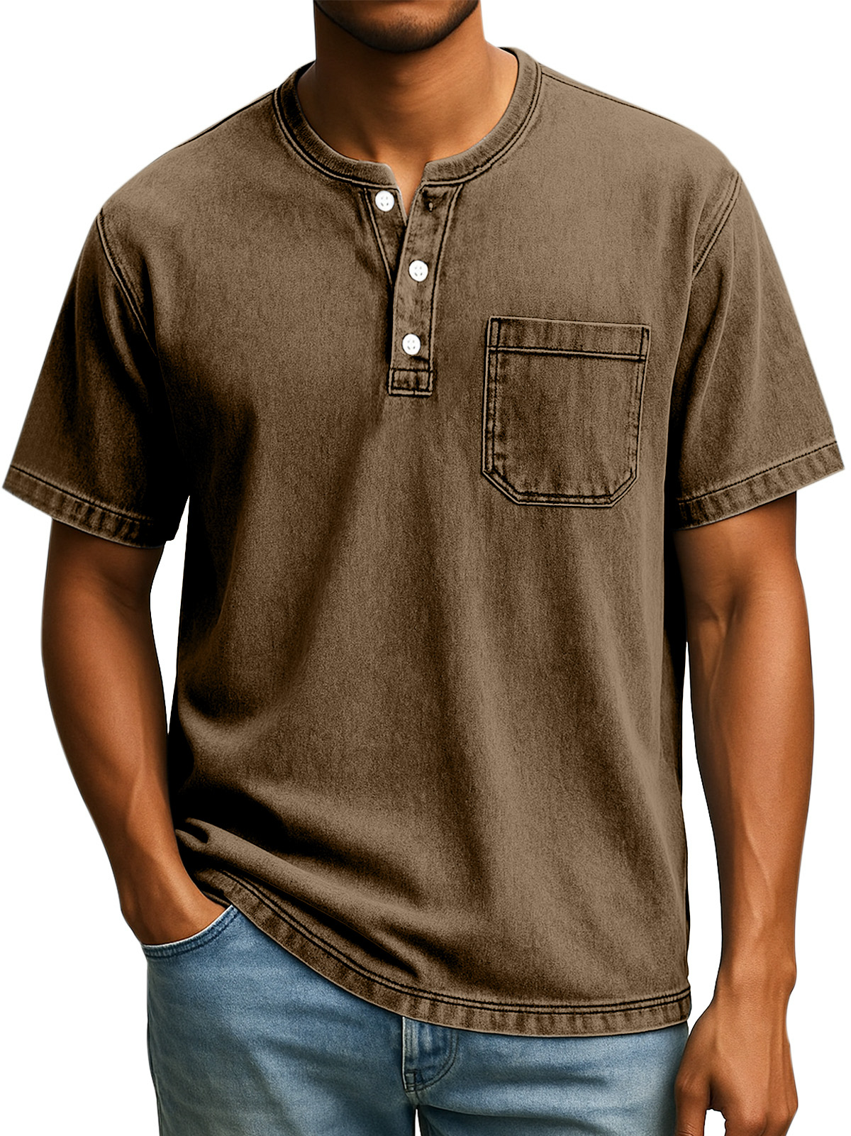 Men's Retro Casual Simple Solid Color Button Short Sleeve Henley Shirt