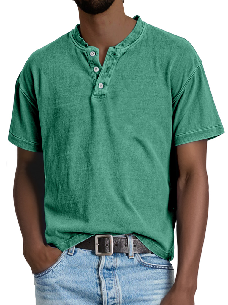 Men's Casual Solid Color Vintage Short Sleeve Button-down Henley Shirt