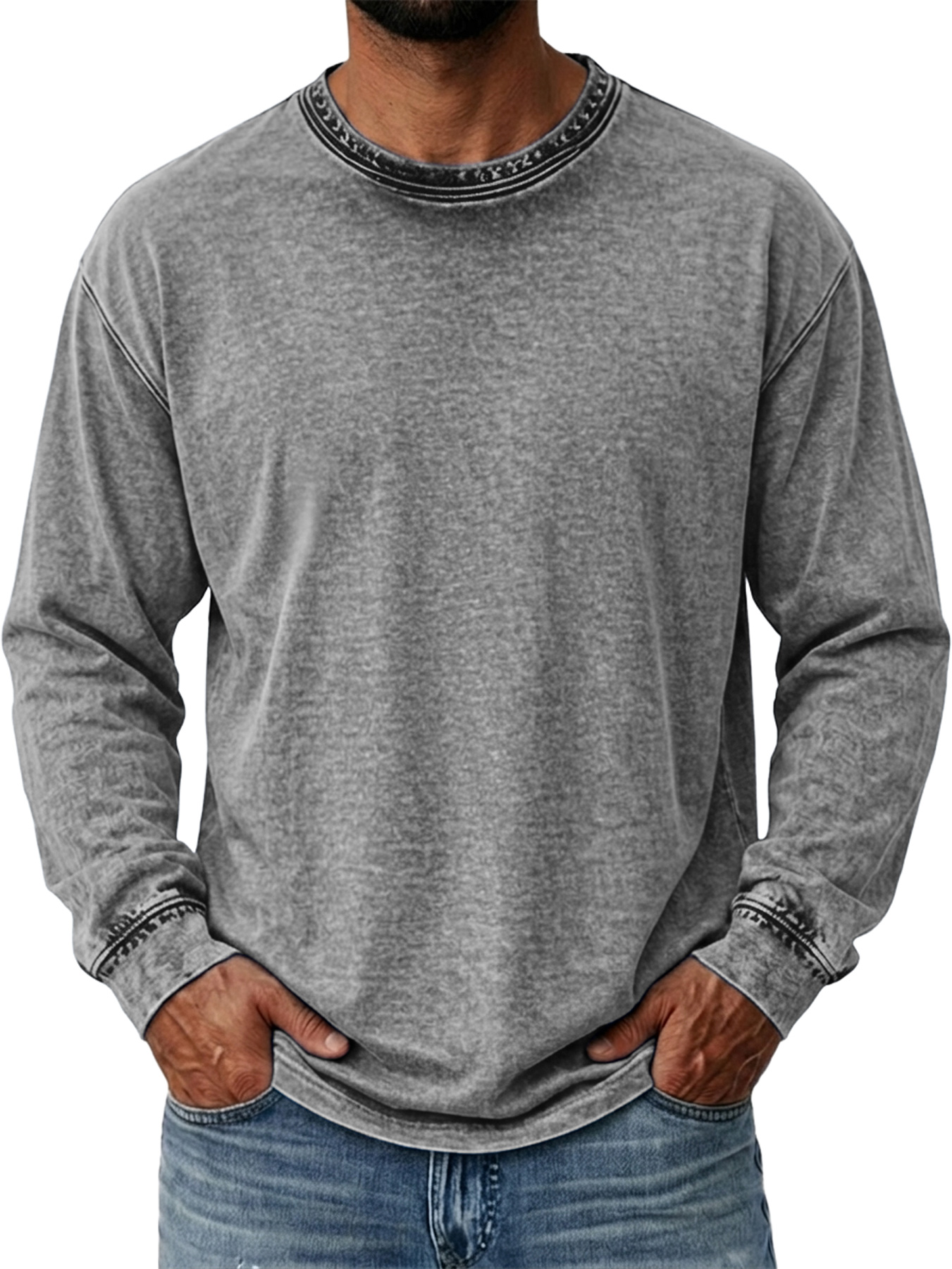 Men's Vintage-Style Distressed Crew-Neck Washed Casual Long-Sleeve T-Shirt