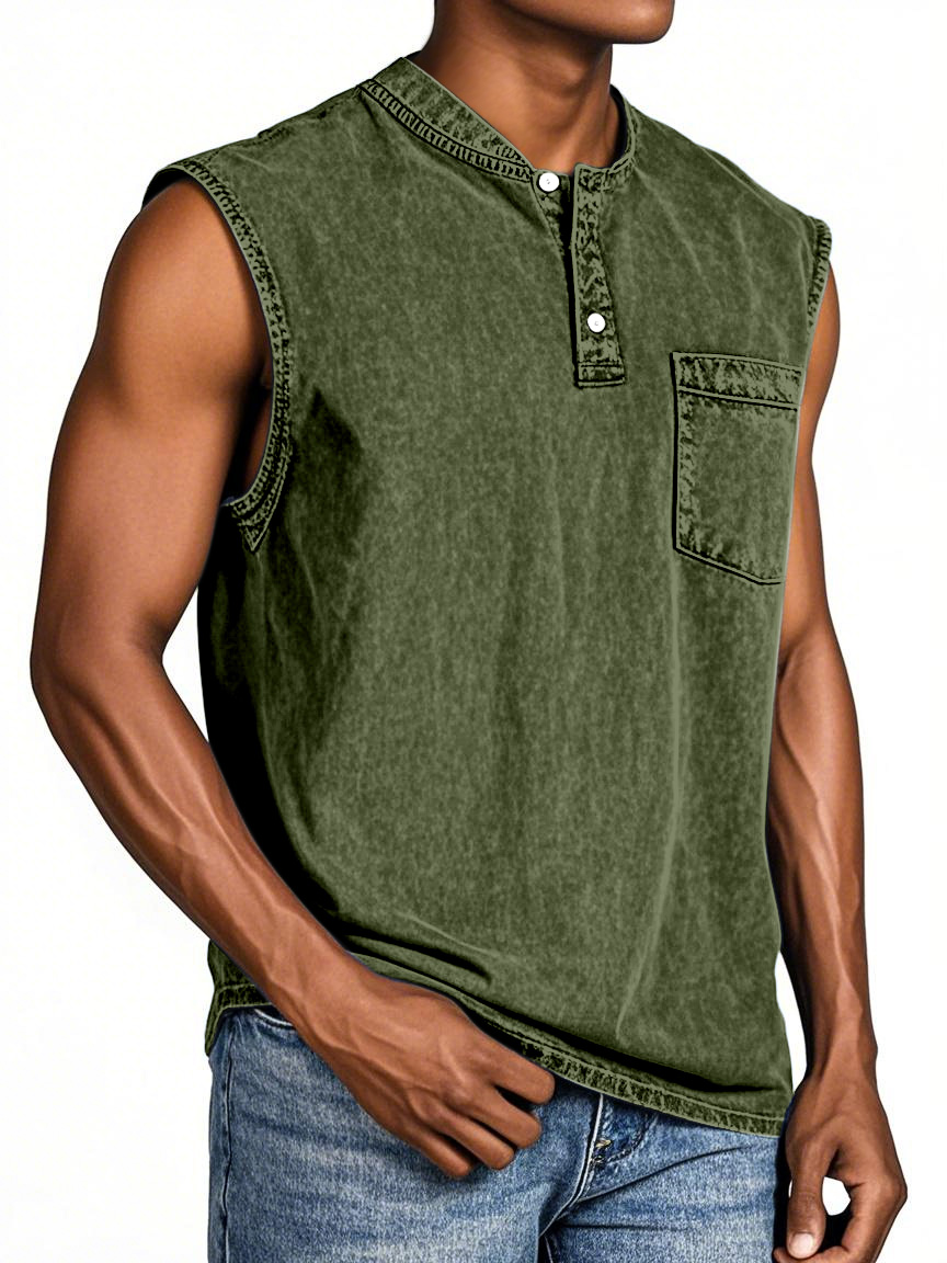 Men's Everyday Retro Solid Color Loose Sleeveless Henley Shirt
