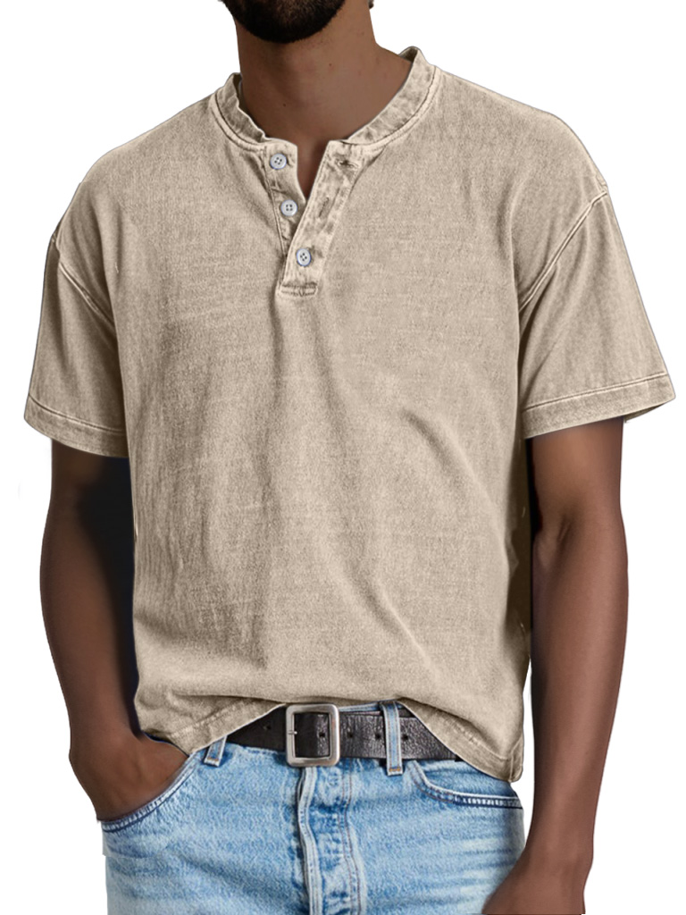 Men's Casual Solid Color Vintage Short Sleeve Button-down Henley Shirt