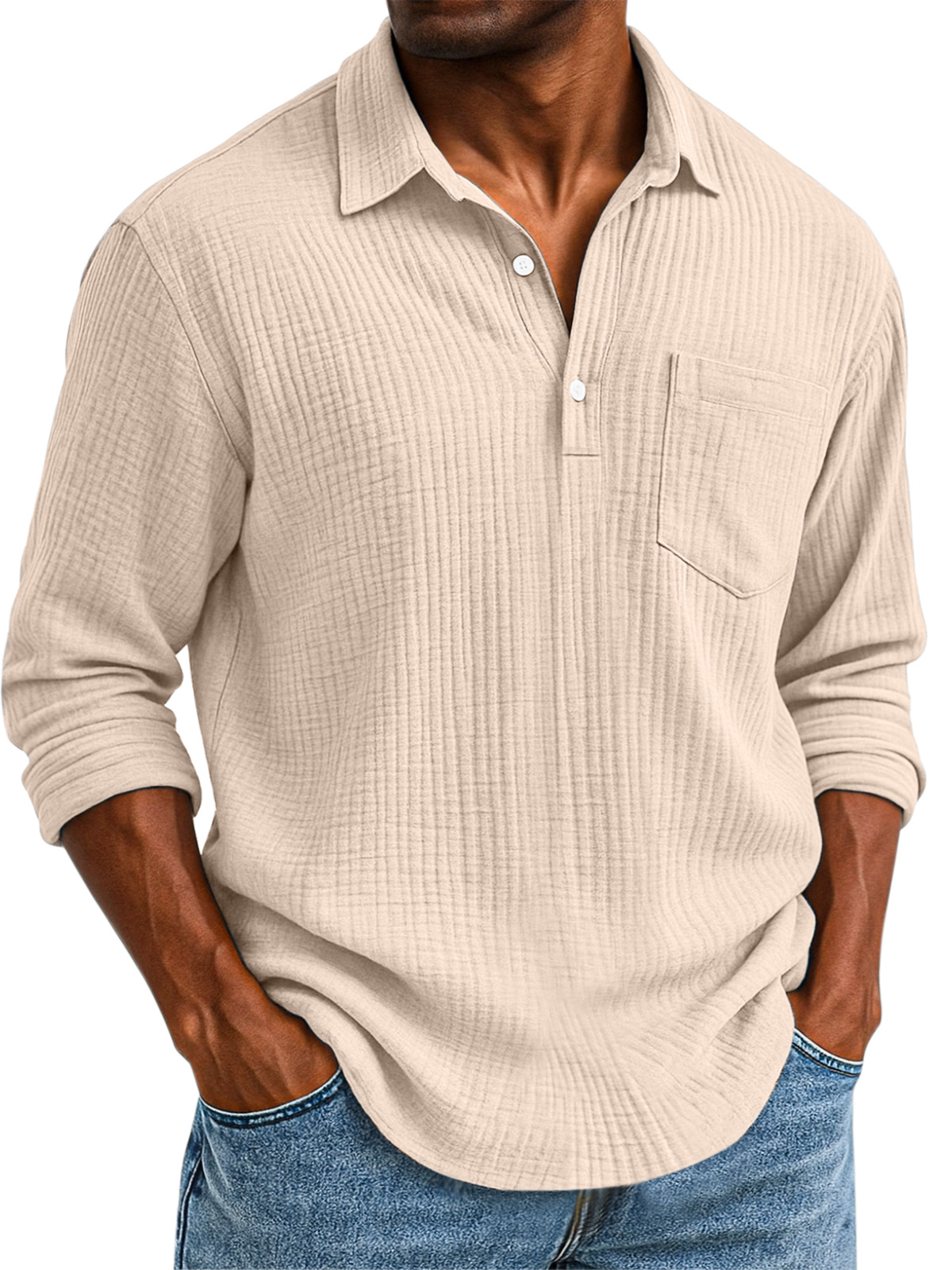 Men's Daily Casual Solid Color Textured Button Long Sleeve Polo Shirt