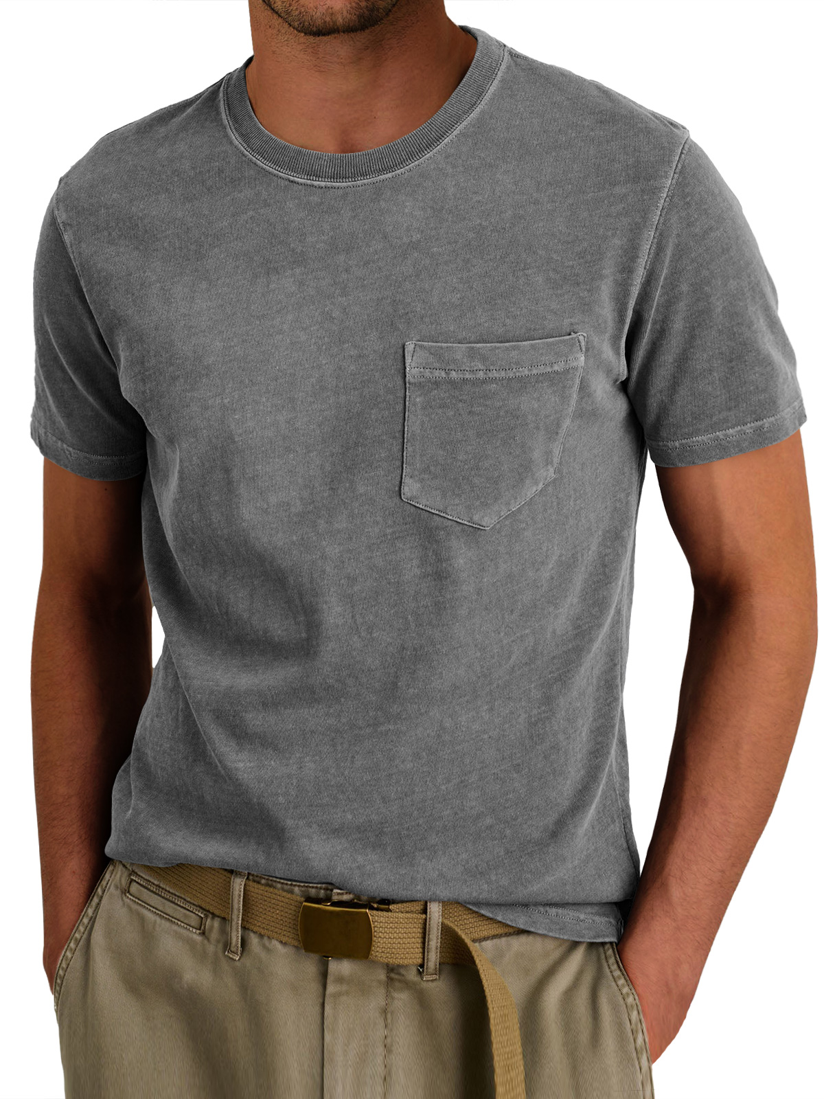 Men's Retro Round Neck Casual Pocket Solid Color Short Sleeve T-Shirt