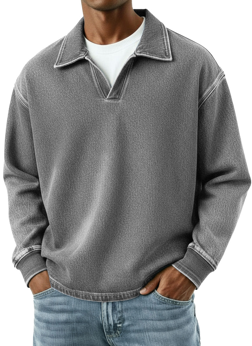 Men's Distressed Retro Fashion Lapel V-Neck Long-Sleeve Polo Shirt