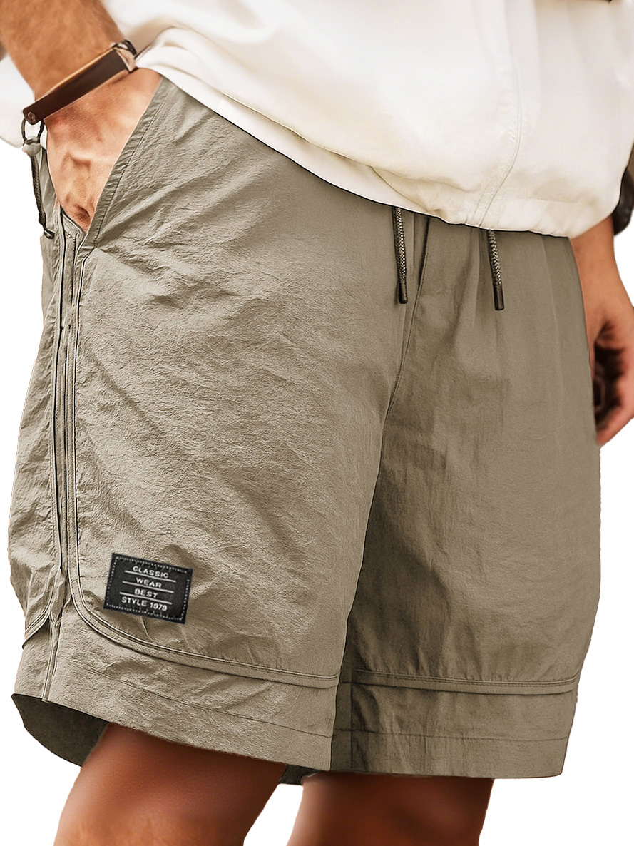 Men's Retro Outdoor Workwear Sports Quick-drying Embroidered Logo Elastic Waist Drawstring Pocket Shorts 