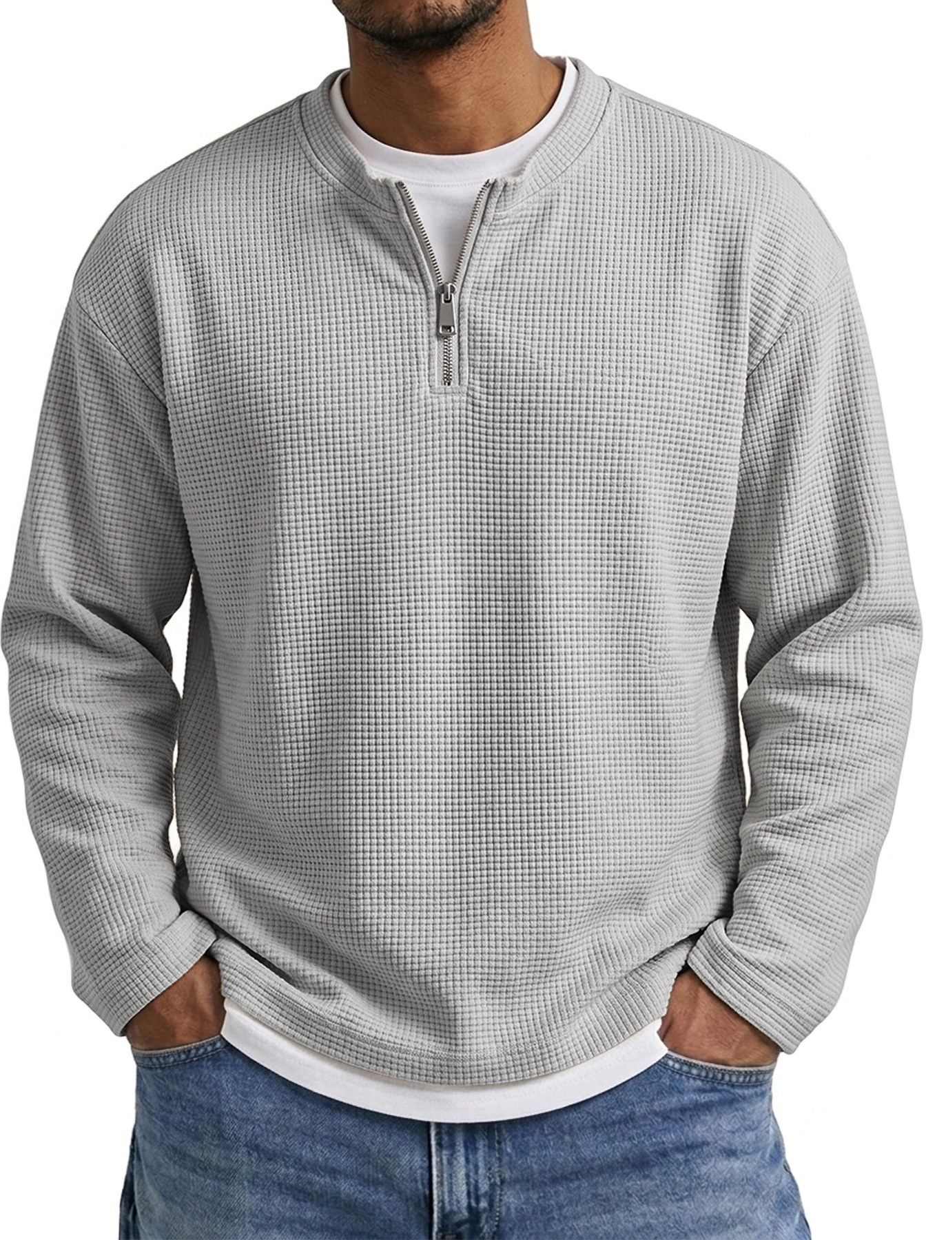 Men's Waffle-Knit Long-Sleeve Casual T-Shirt with Faux-Layered Design, Crew Neck, and Zipper Detail