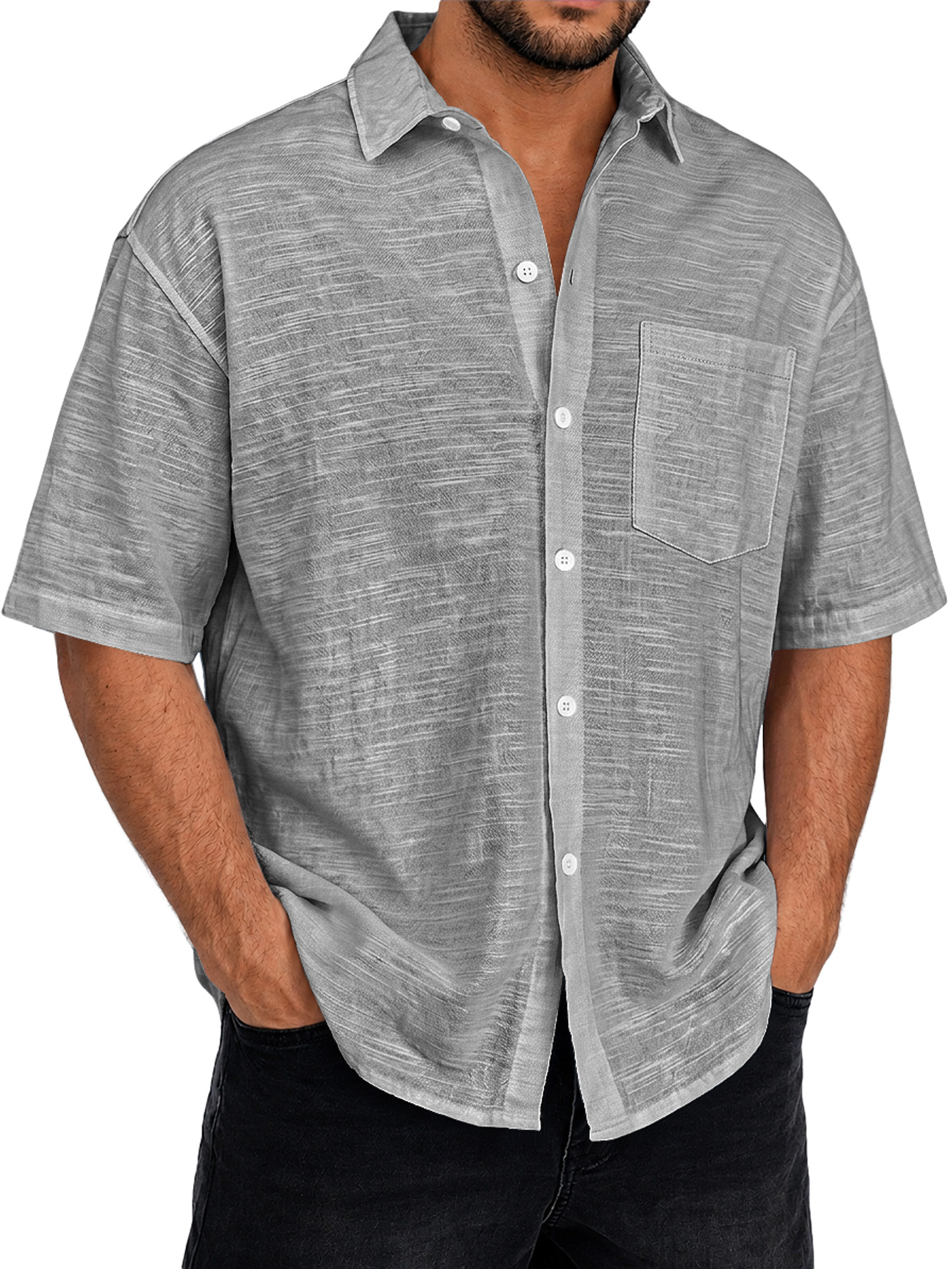 Men's Textured Casual Short-Sleeve Shirt with Collar and Pocket