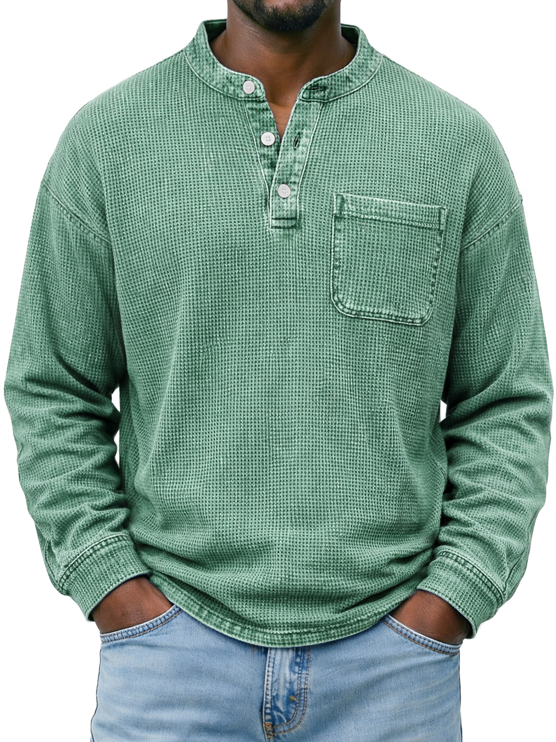 Men's Simple Waffle-knit Casual Long-sleeved Henley Shirt With Pocket