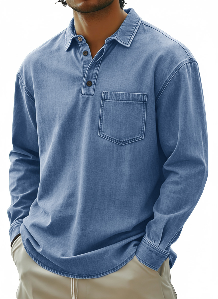 Men's Fashionable Retro Distressed Collared Pocket Long-Sleeved Polo Shirt