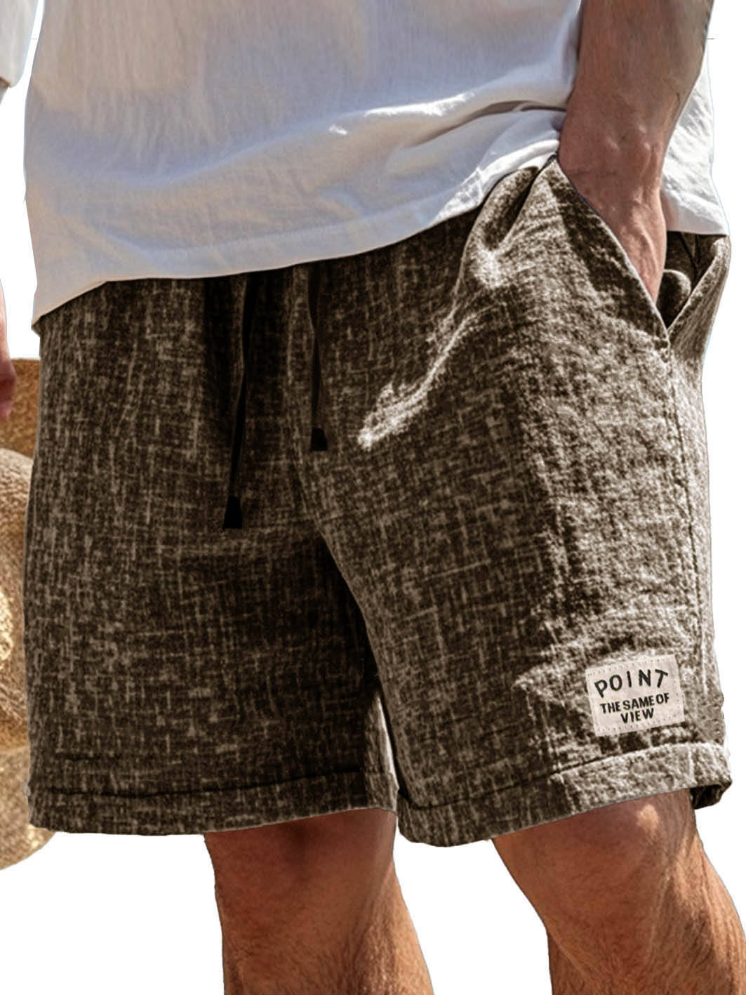 Men's Fashion Casual Hemp Fabric Pocket Embroidered Logo Shorts 