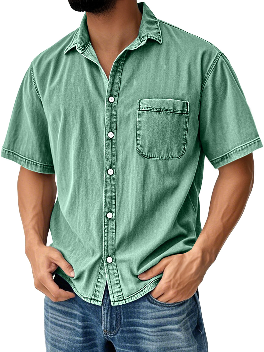 Men's Retro Casual Lapel Pocket Solid Color Short Sleeve Shirt