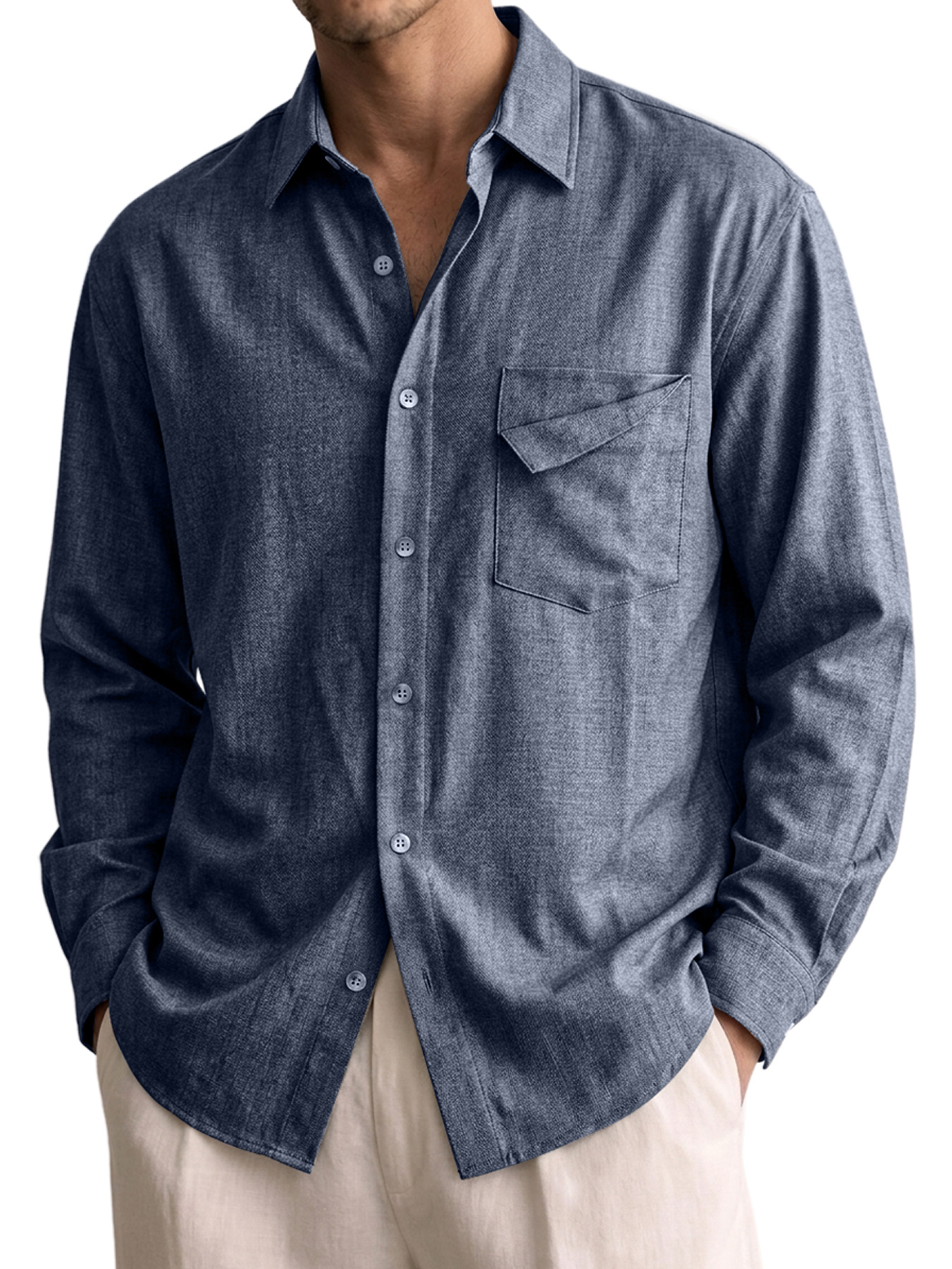 Men's Comfortable Long-Sleeve Cotton-Linen Shirt with Pocket Design