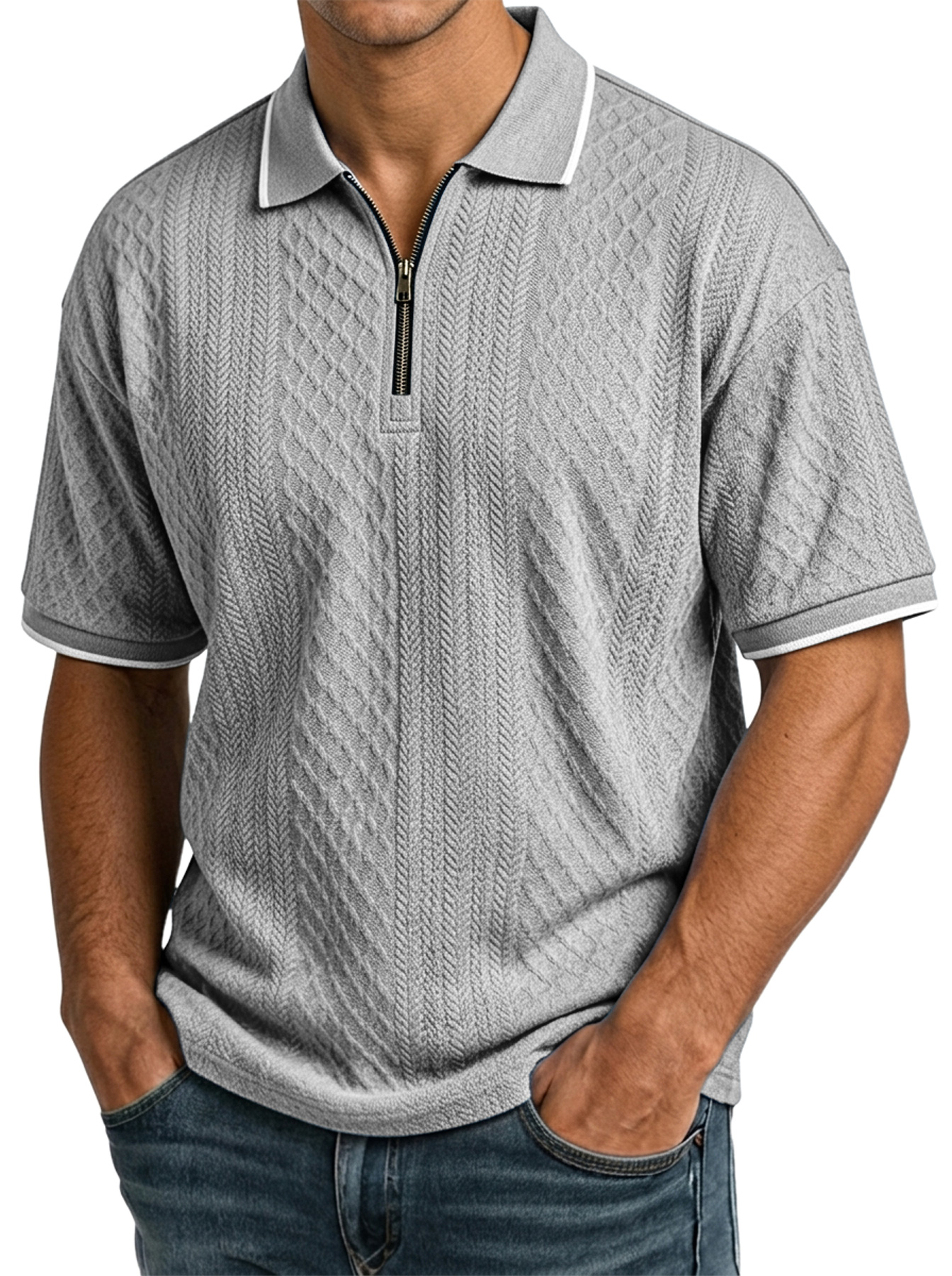 Men's Casual Jacquard Textured Collar Zipper Short-Sleeve Polo Shirt