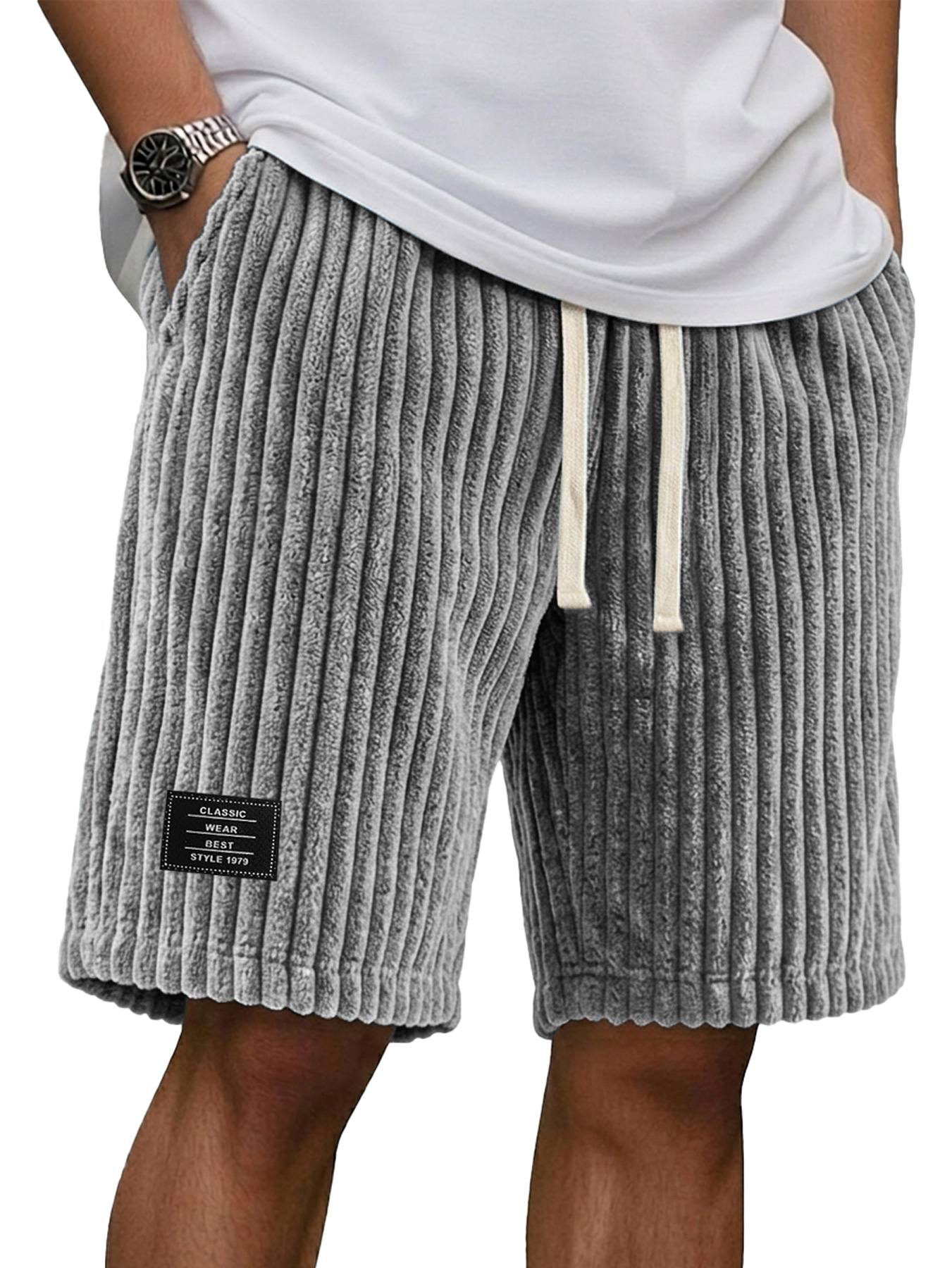 Men's Casual Retro Corduroy Embroidered Logo Loose Shorts