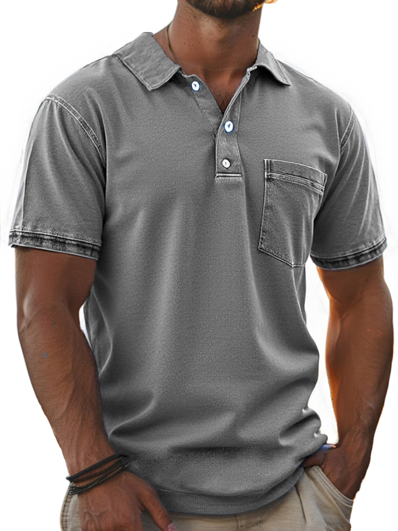 Men's Stylish Retro Pure Cotton Distressed Fabric Pocket Lapel Polo Shirt 