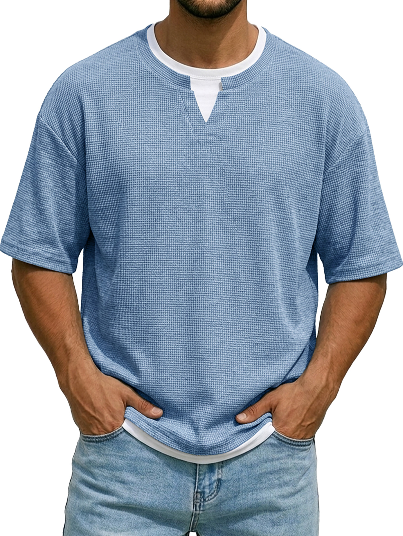 Men's Waffle-knit Faux Two-piece Casual Short-sleeved T-shirt