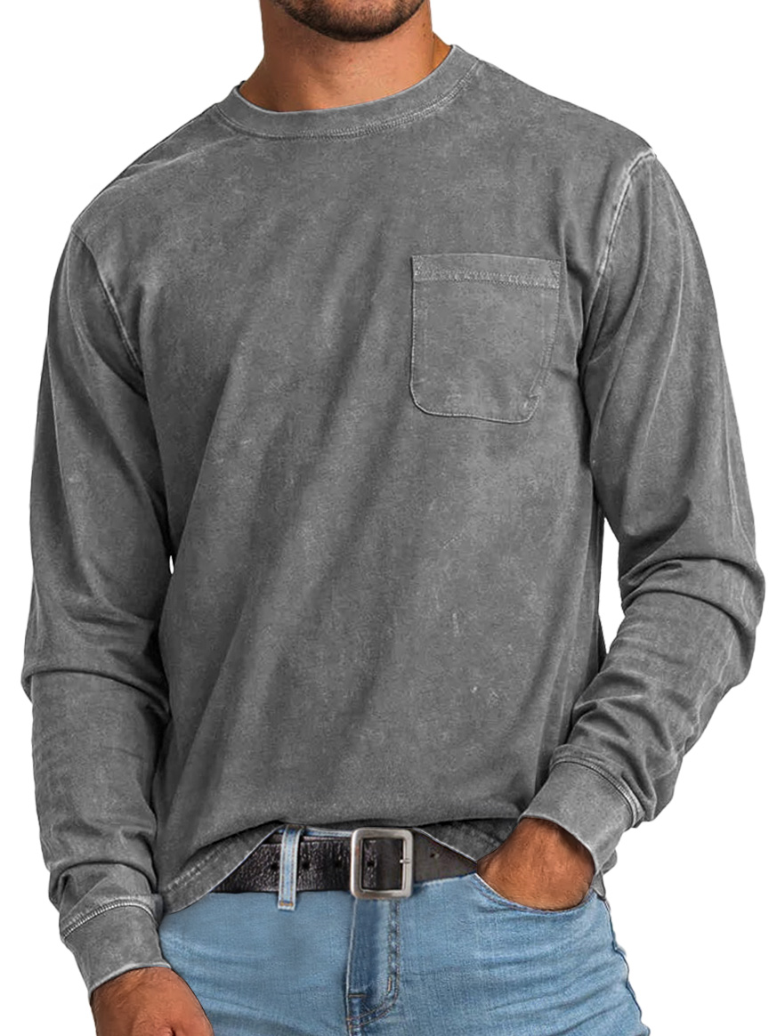 Men's Retro Casual Round Neck Pocket Solid Color Long Sleeve T-Shirt