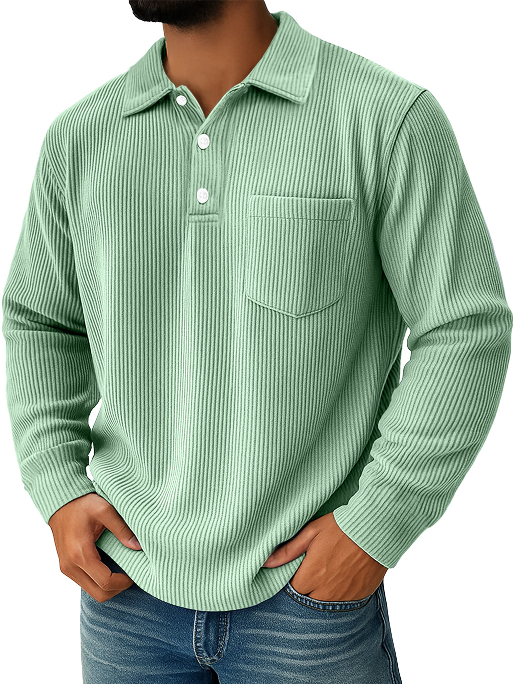 Men's Daily Ribbed Lapel Button-down Casual Pocket Long-sleeved Polo Shirt