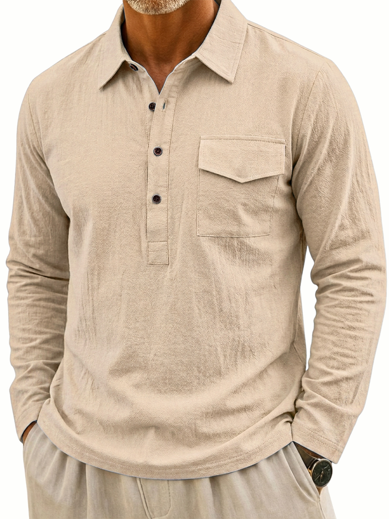 Men's Casual Long-Sleeve Linen Polo Shirt with Flap Pockets