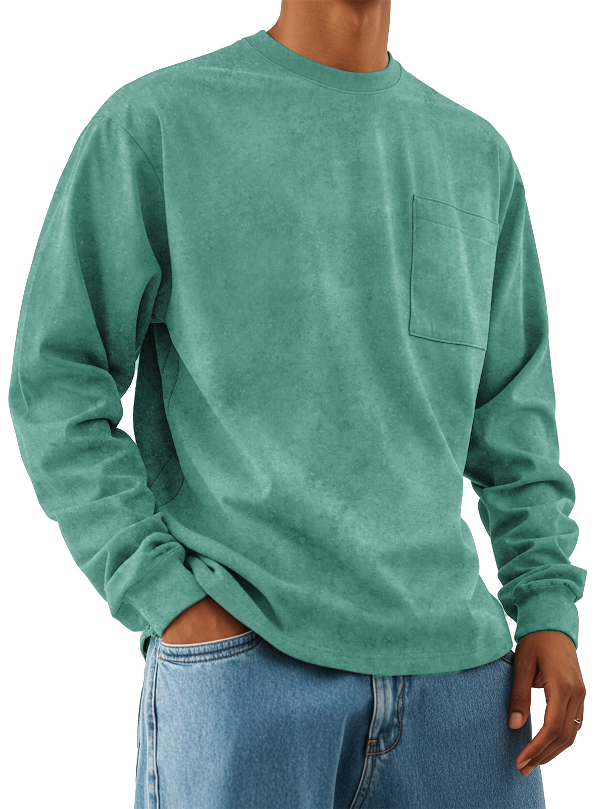 Men's Fashion Retro Casual Round Neck Pocket Long Sleeve T-shirt