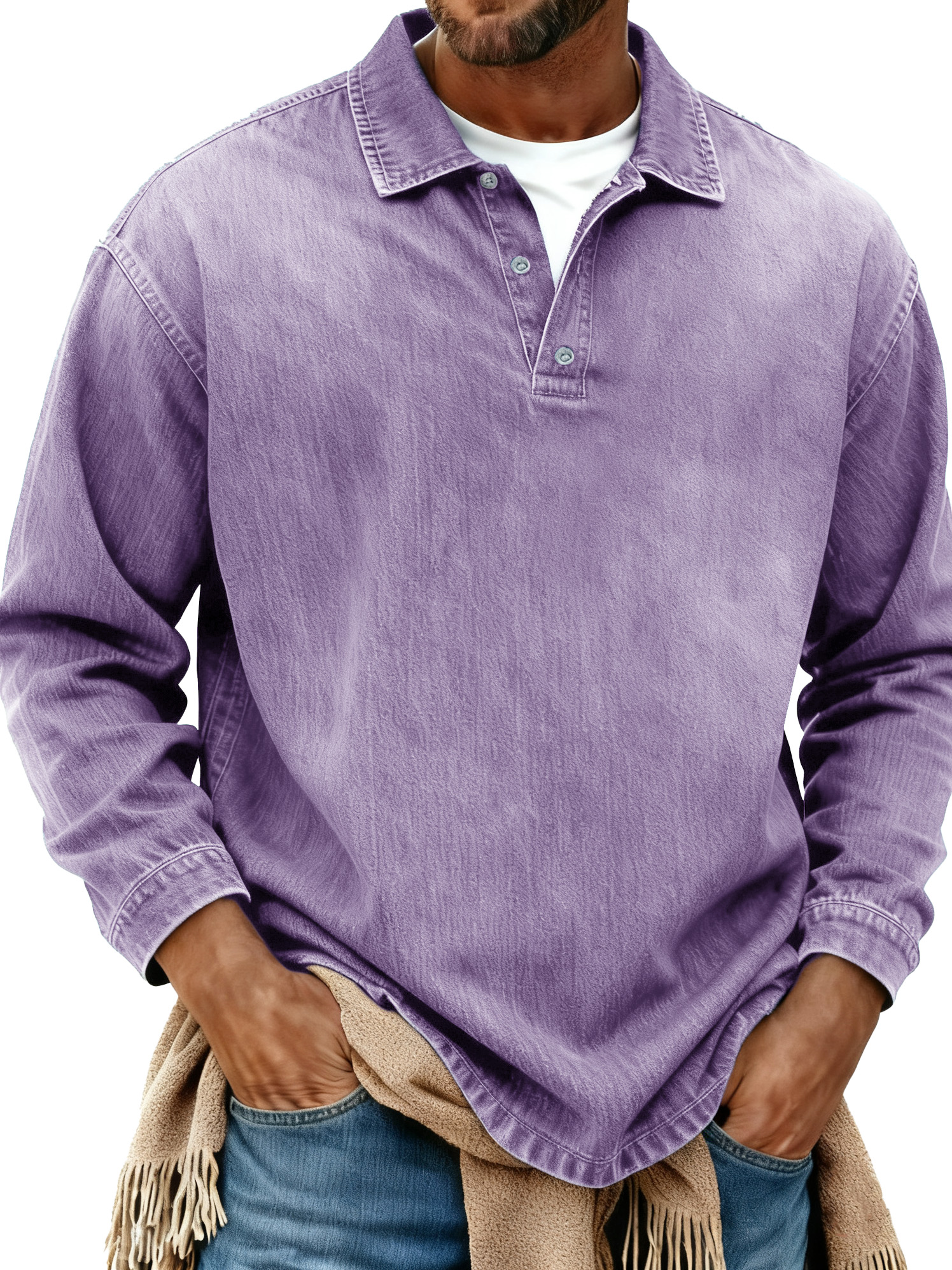 Men's Retro Fashion Distressed Collar Long-Sleeve Polo Shirt