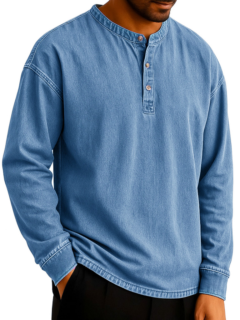 Men's Stylish Retro Distressed Long-sleeved Multicolor Henley Shirt