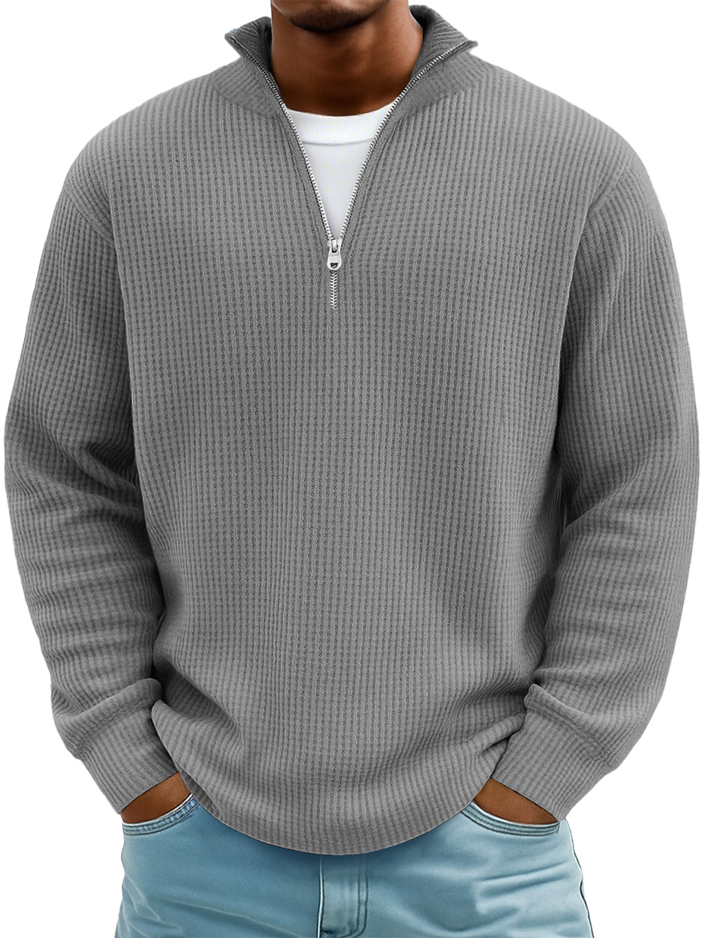 Men's Casual Simple Stand Collar Zipper Long Sleeve T-shirt