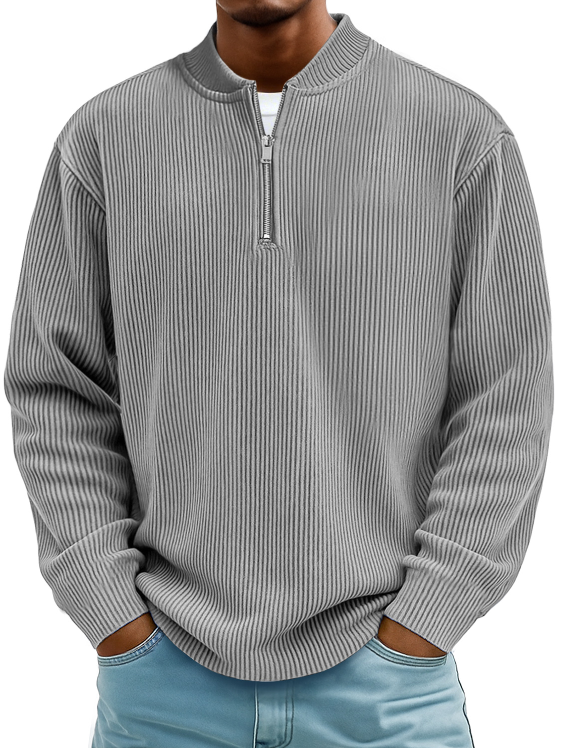 Men's Daily Striped Baseball Collar Zipper Casual Long Sleeve T-shirt