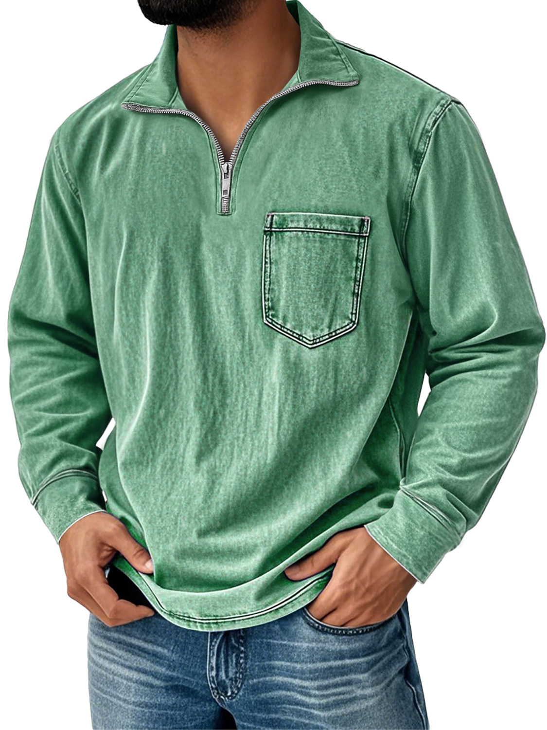 Men'sVintage Distressed Stand-up Collar Zipper Casual Solid Color Long-sleeved T-shirt