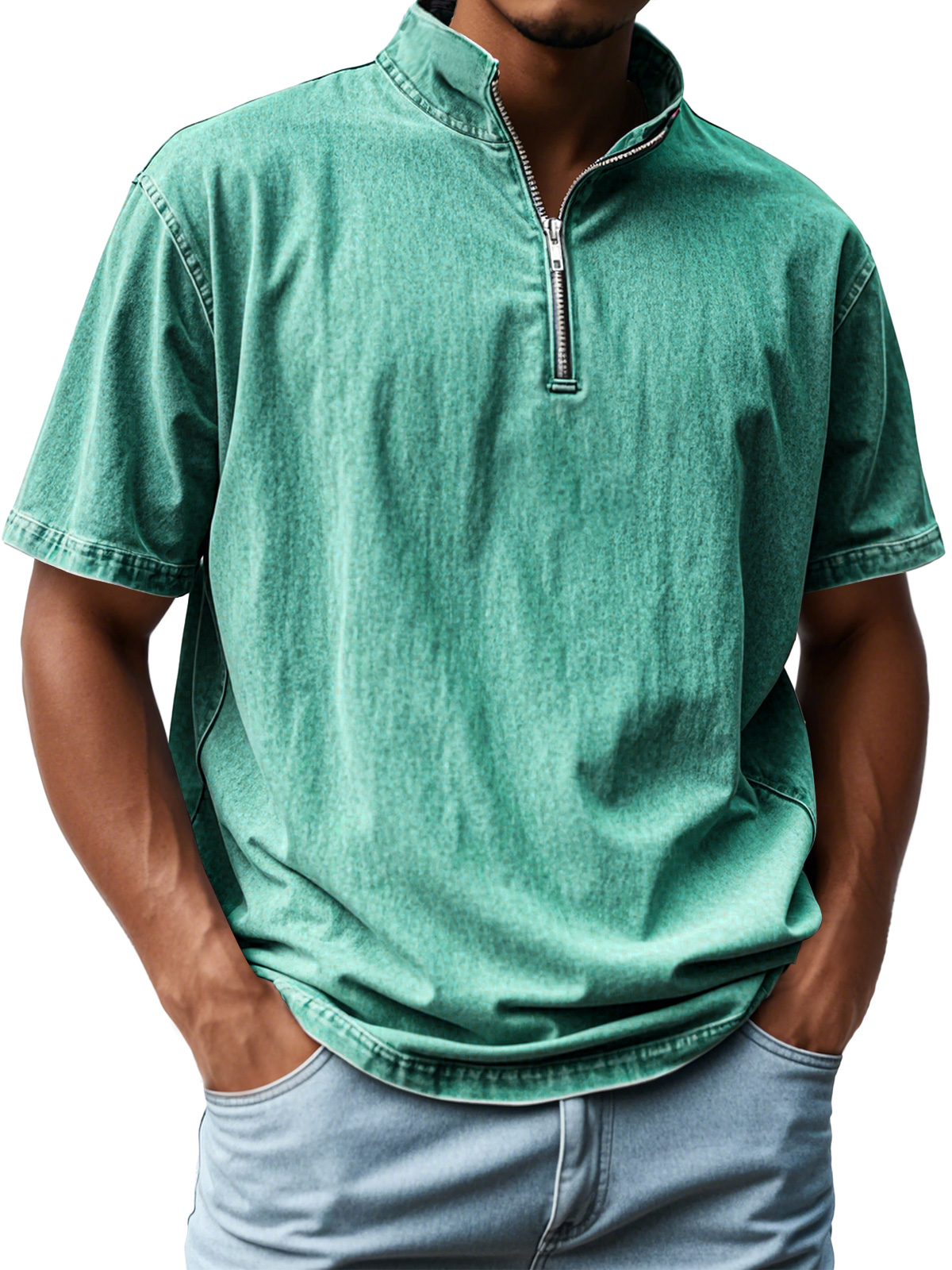 Men's Retro Stand Collar Zipper Casual Short Sleeve T-Shirt