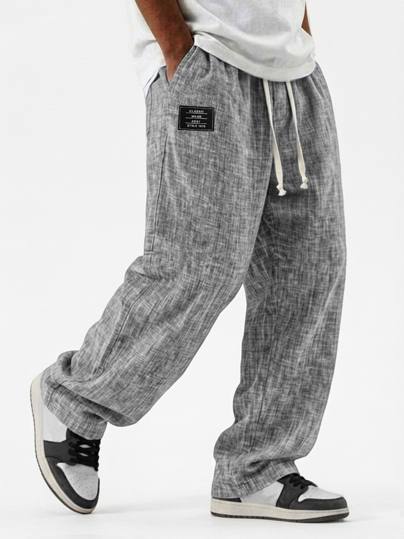 Men's Casual, Breathable Cotton-Linen Loose-Fit Trousers with Embroidered Logo