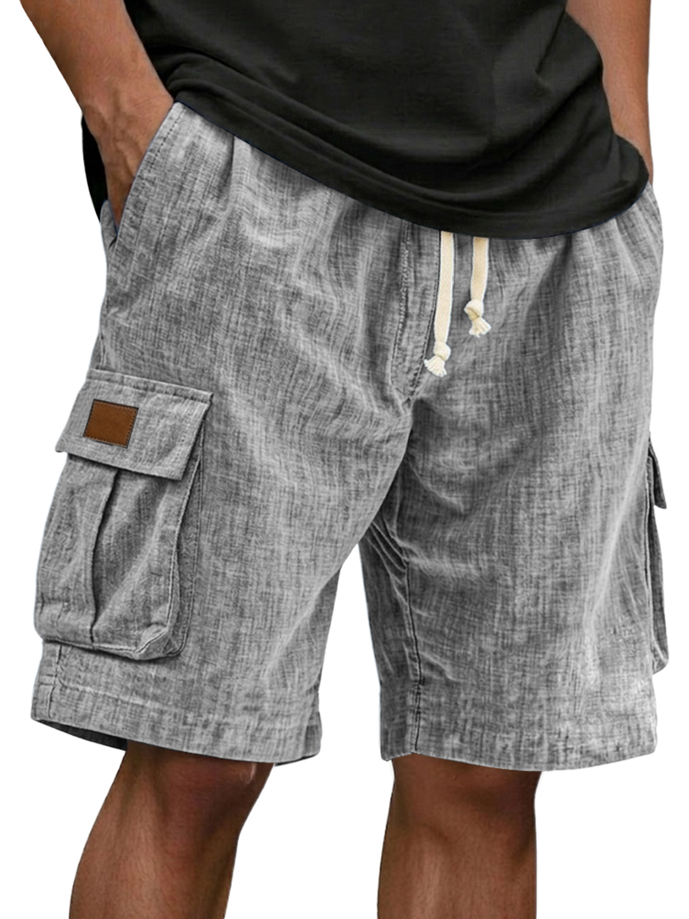 Men's Casual Linen Multi-pocket Embroidered Label Cargo Shorts