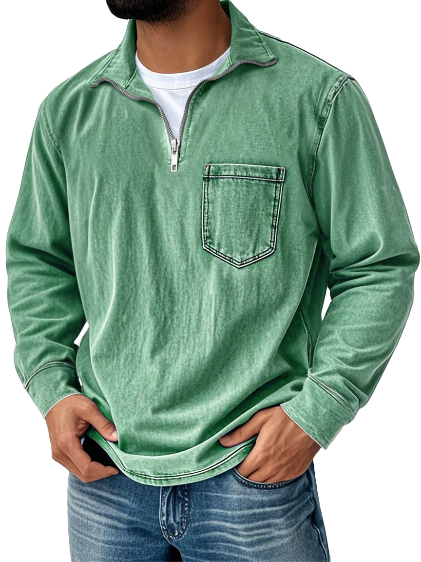 Men's Retro Casual Stand Up Collar Zipper Pocket Distressed Long Sleeved T-shirt