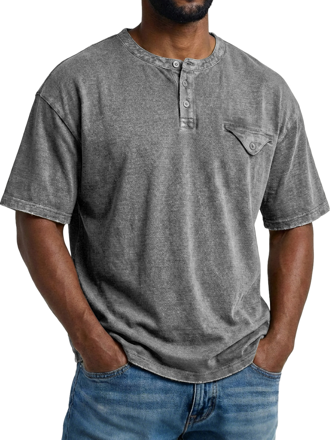 Men's Retro Pocket Design Casual Short-Sleeve Henley Shirt