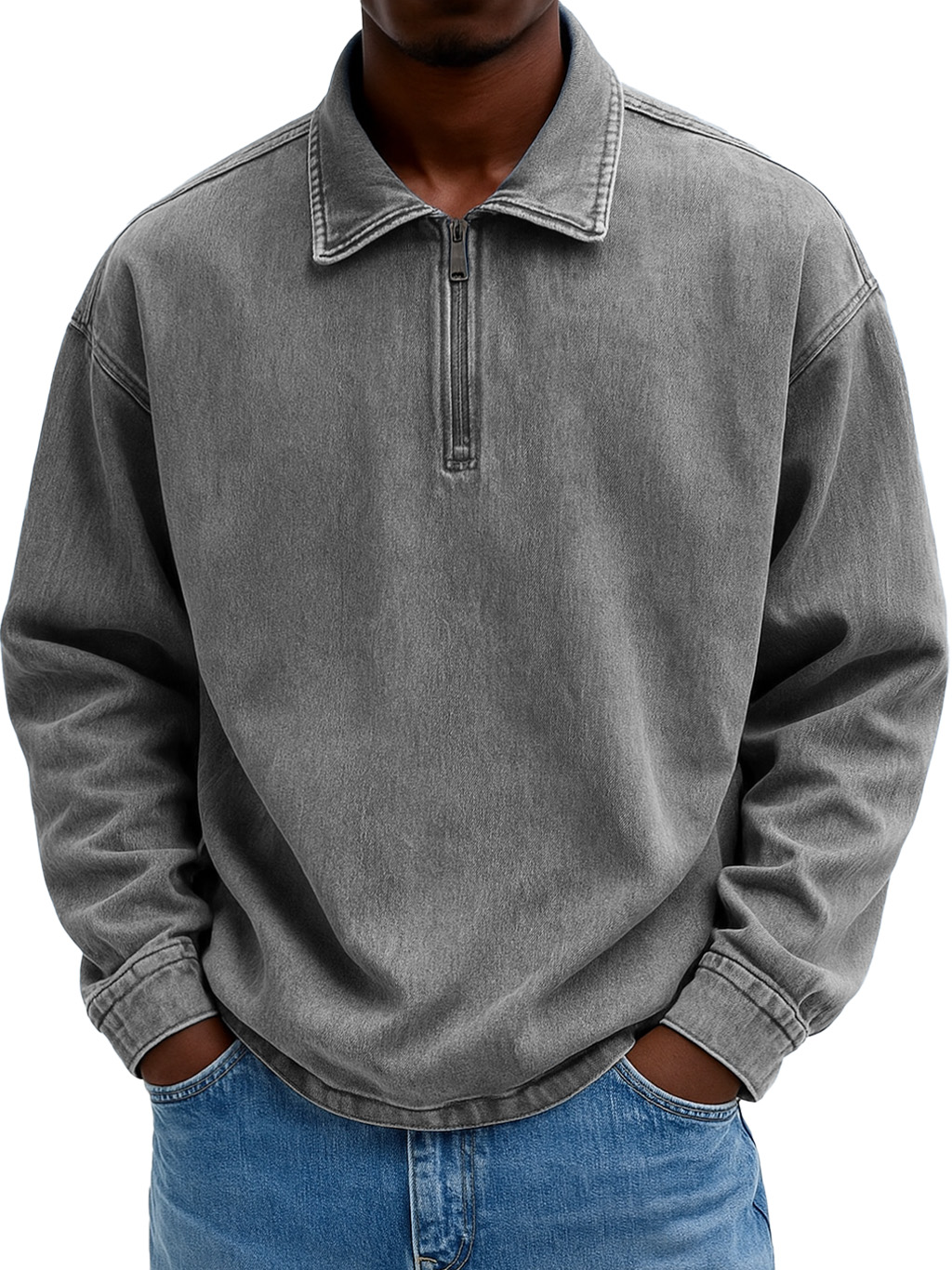 Men's Stylish Casual Retro Zippered Lapel Long-sleeved Loose-fitting Distressed Sweatshirt 