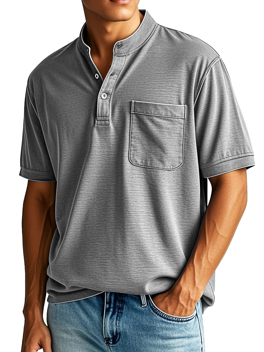 Men's Fashion Casual Stand-up Collar Pocket Short-sleeved Henley Shirt 