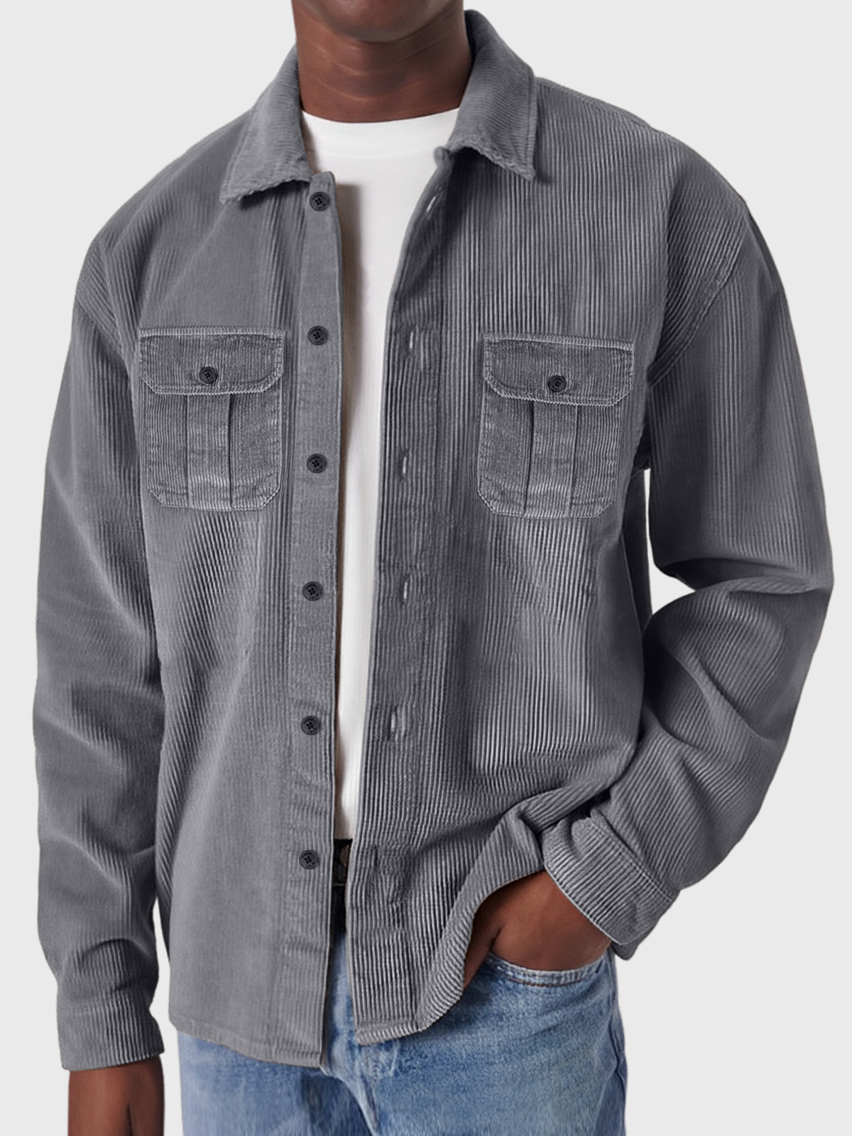 Men's Casual Corduroy Double Pocket Solid Color Long Sleeve Shirt