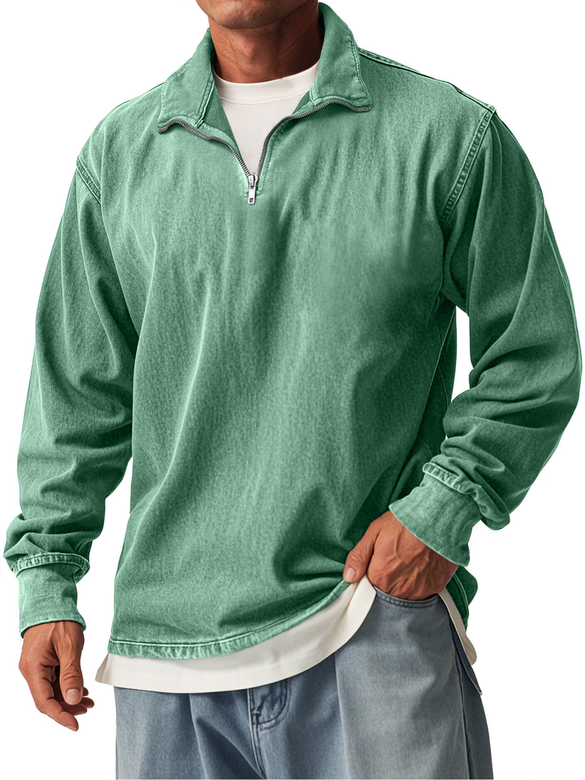 Men's Retro Casual Stand Collar Zipper Long Sleeve T-Shirt
