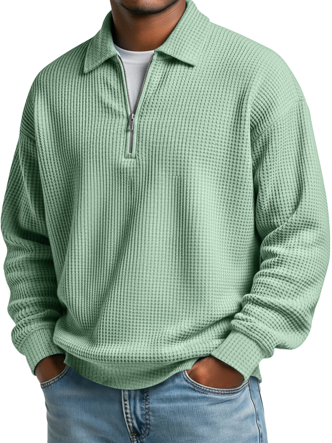 Simple Waffle Lapel Zipper Casual Solid Color Polo Shirt