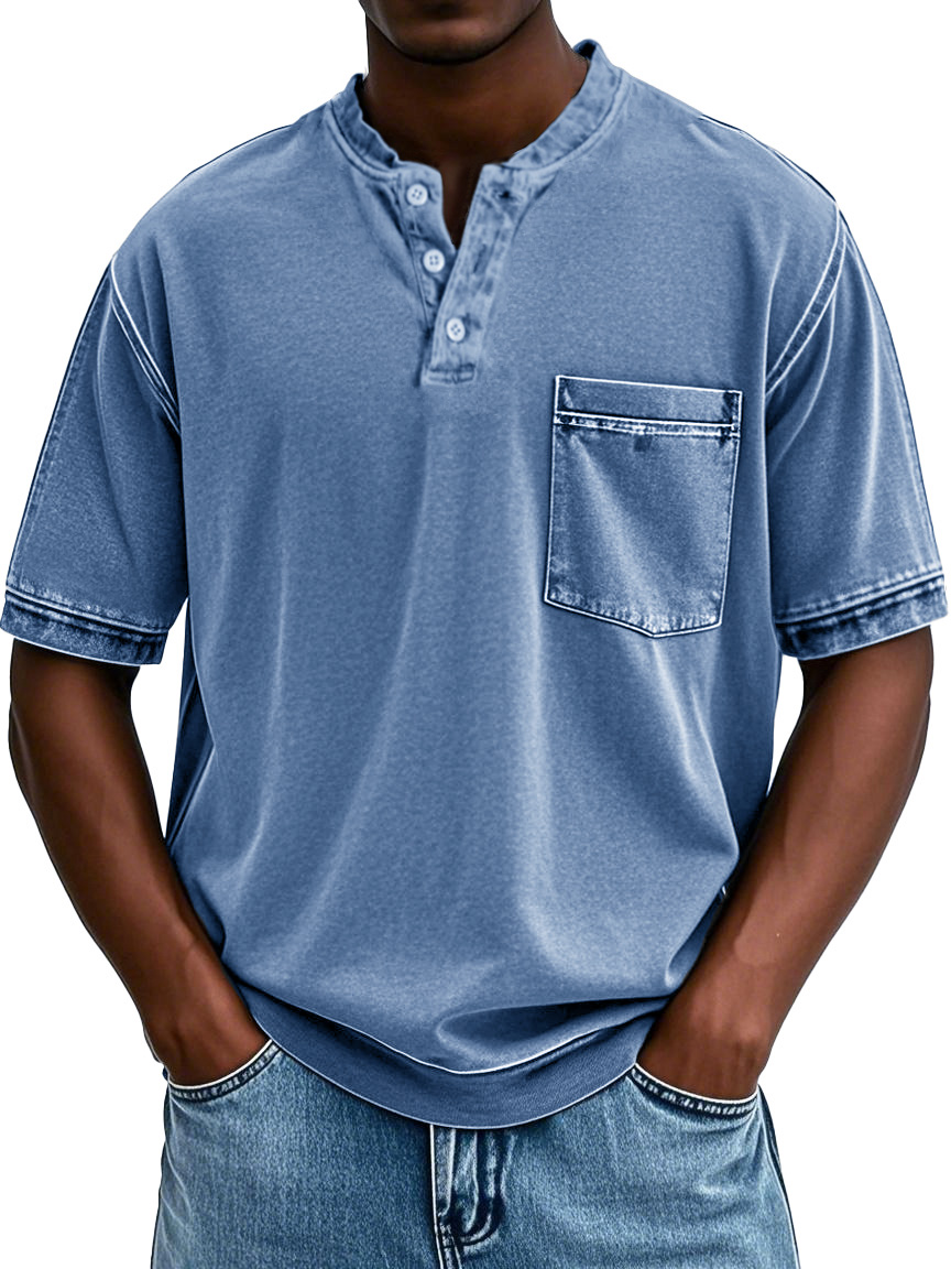 Men's Fashion Retro Round Neck Pocket Short Sleeve Henley Shirt