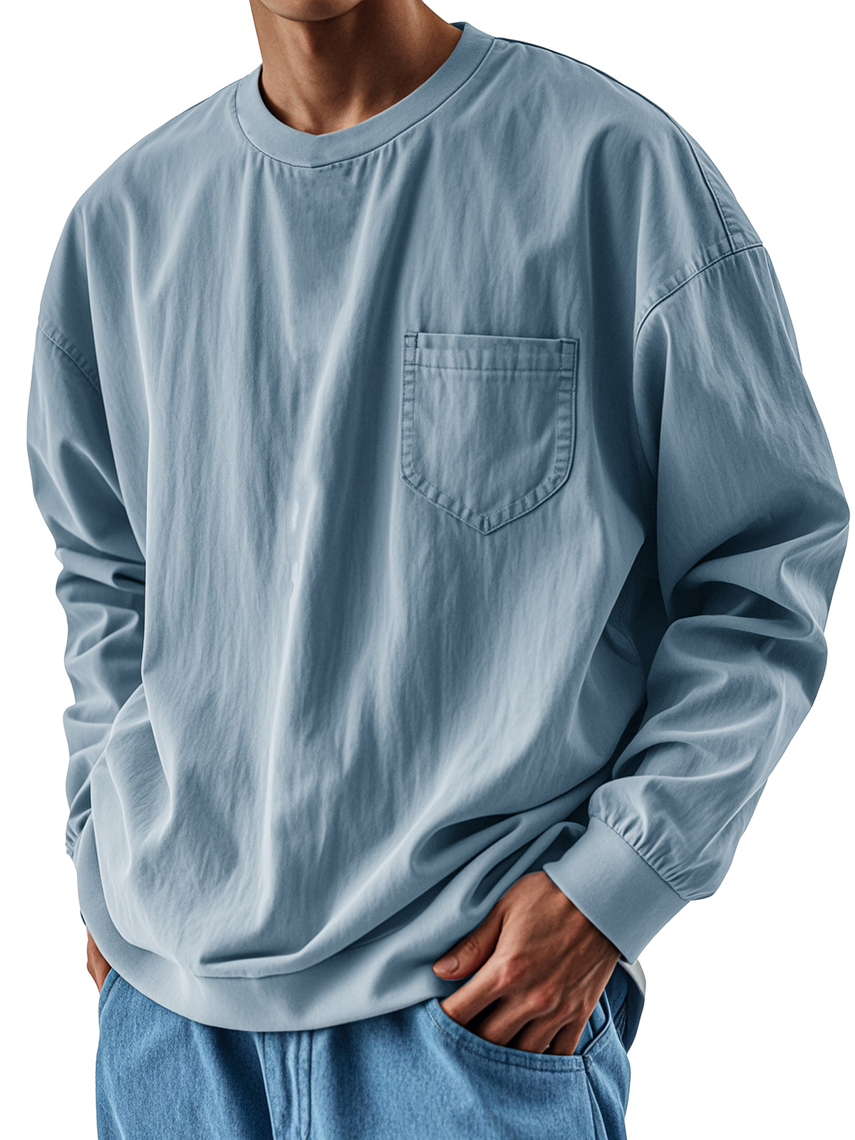 Men's Fashionable Round Neck Casual Pocket Long Sleeve Top