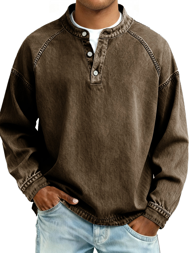 Men's Retro Fashion Distressed Raglan Sleeve Stand Collar Long-Sleeve Henley Shirt