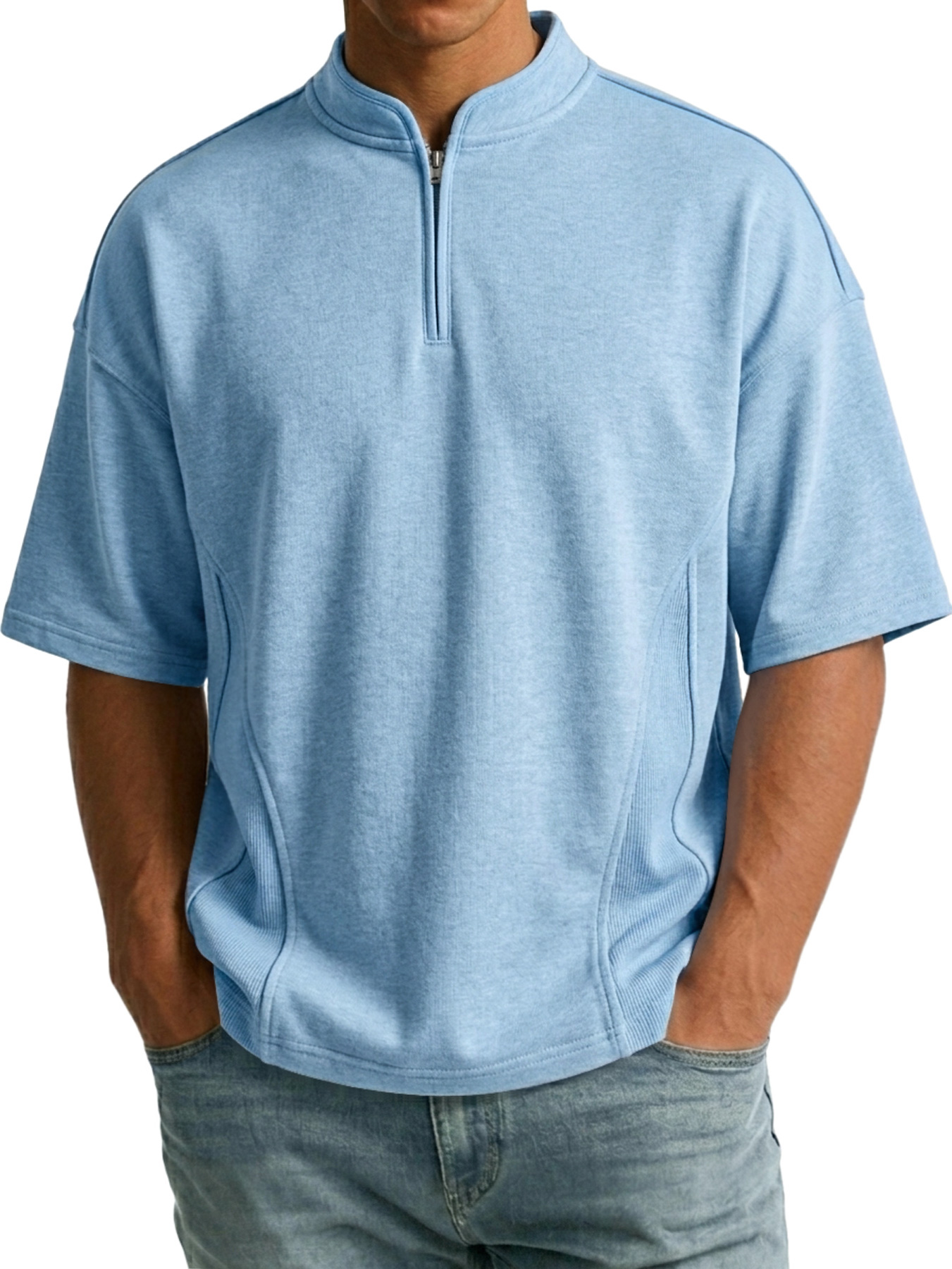 Men's Simple Zipper Patchwork Deconstructed Design Casual Short-Sleeve T-Shirt