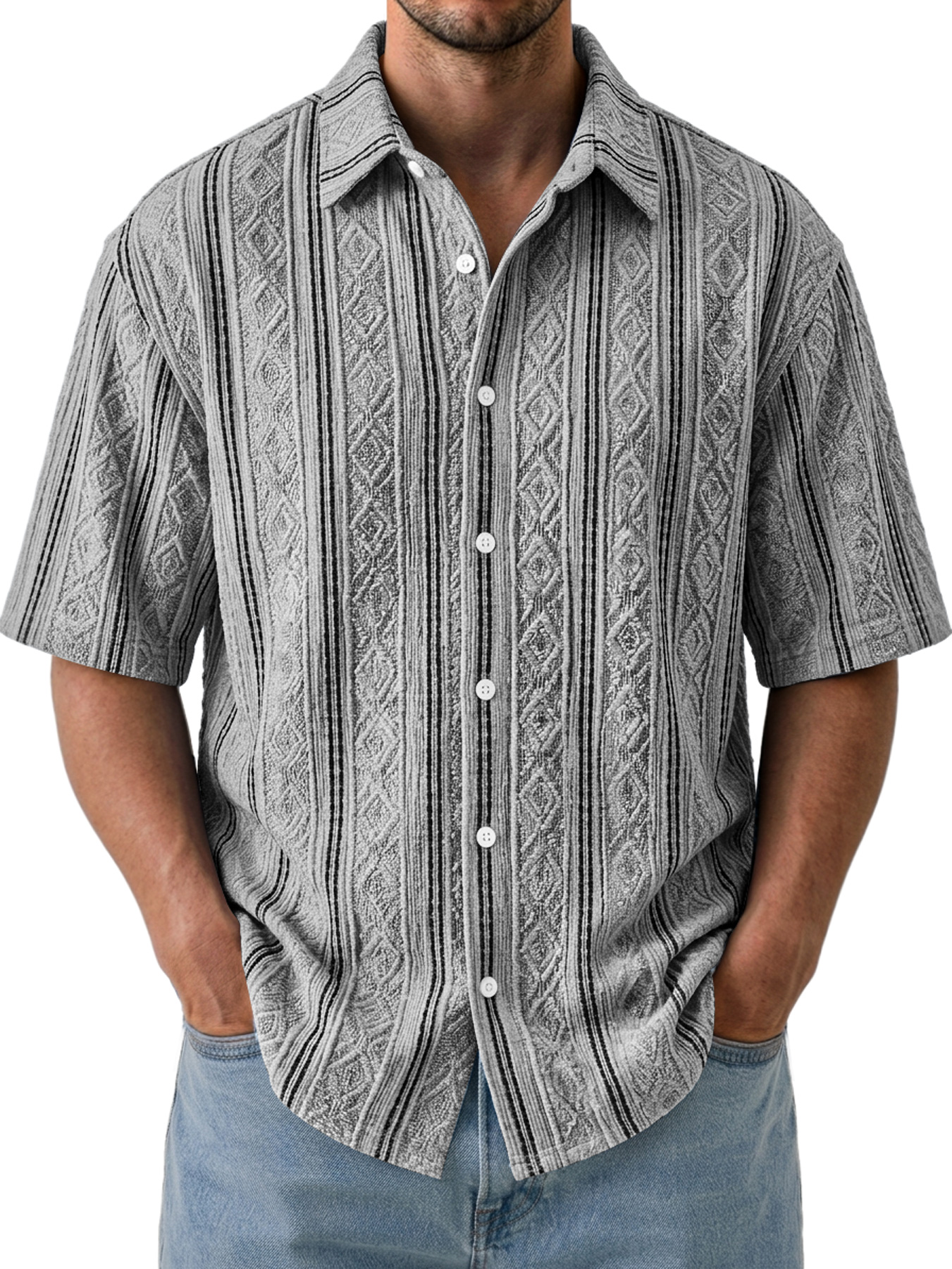 Men's Casual Textured Breathable Collared Short-Sleeve Shirt