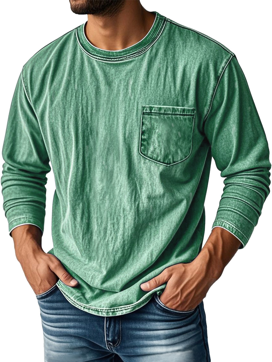 Men's Vintage Distressed Round Neck Pocket Casual Long-sleeved T-shirt