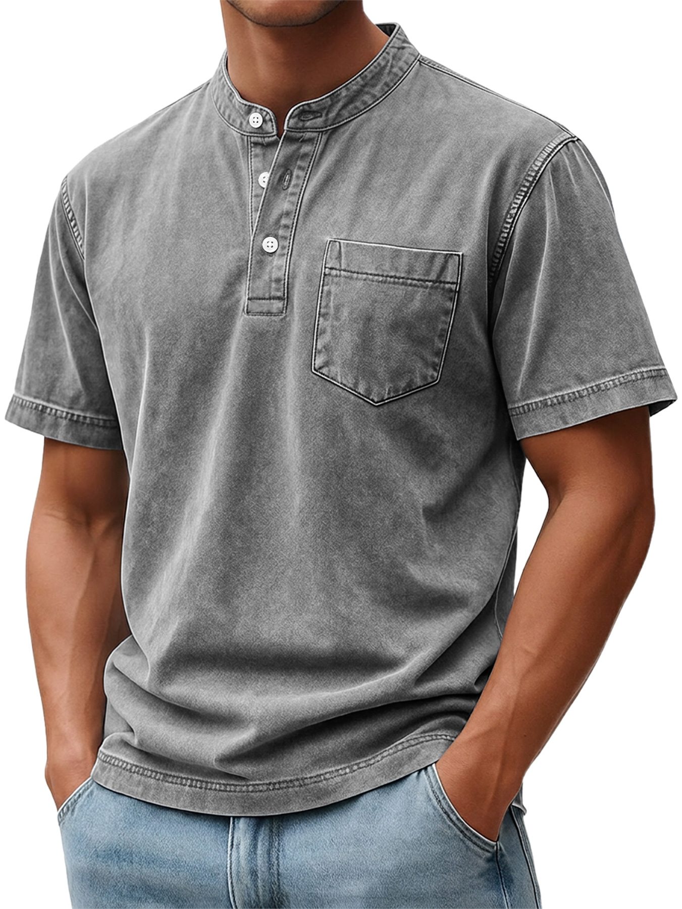Men's Retro Casual Stand Collar Button-Down Short Sleeve Henley Shirt